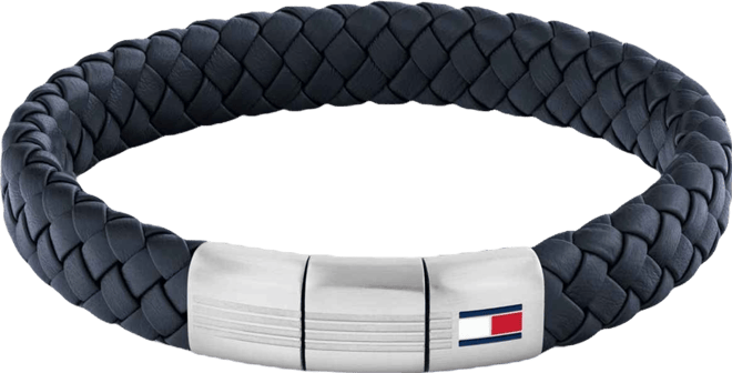 Men's Blue Leather with Stainless Steel Braided Bracelet