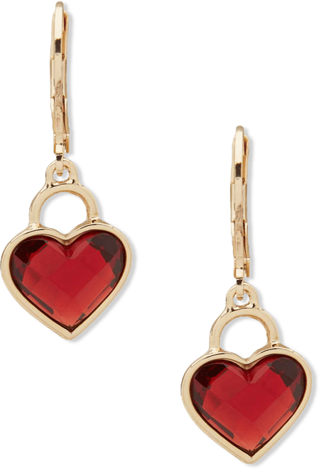 Gold-Tone Jet Stone Heart Motif Dangling Drop Earrings