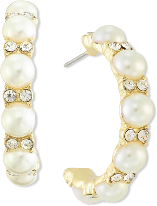 Medium Pave & Imitation Pearl C-Hoop Earrings, 1.21", Macy's Exclusive