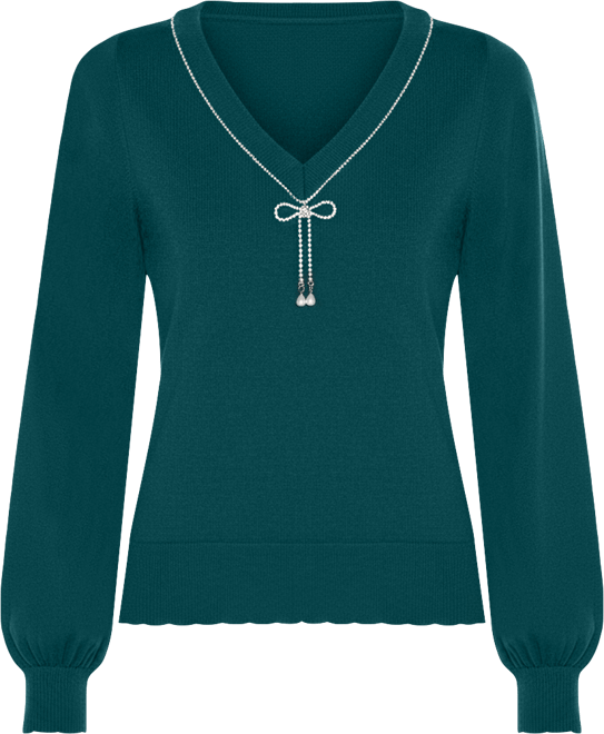 Women's V-Neck Rhinestone-Bow Sweater