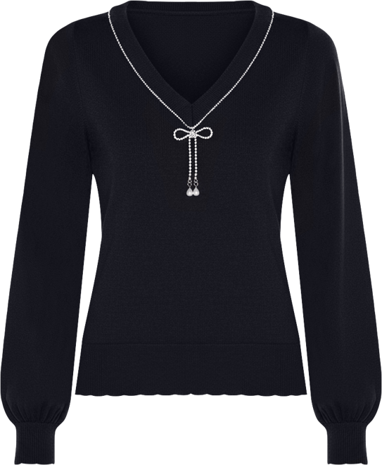Women's V-Neck Rhinestone-Bow Sweater