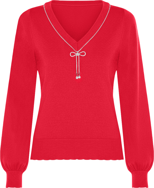 Women's V-Neck Rhinestone-Bow Sweater