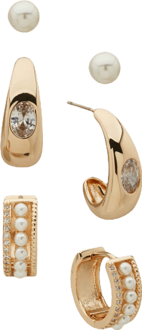 3-Pc. Cubic Zirconia and Imitation Pearl Gold-Tone Round and Baguette Earrings Set