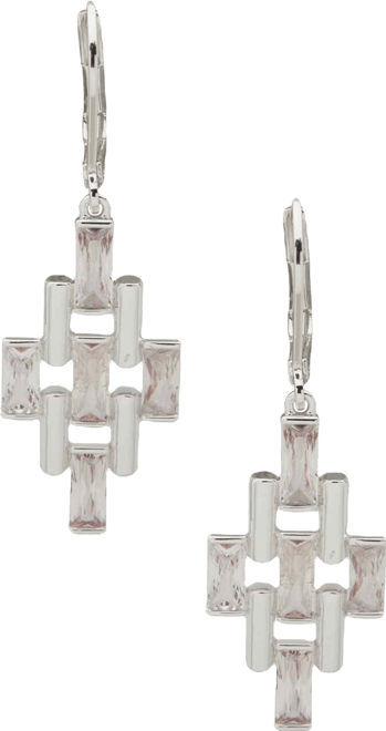Cubic Zirconia Silver-Tone Baguette Stone Bar Drop Earrings
