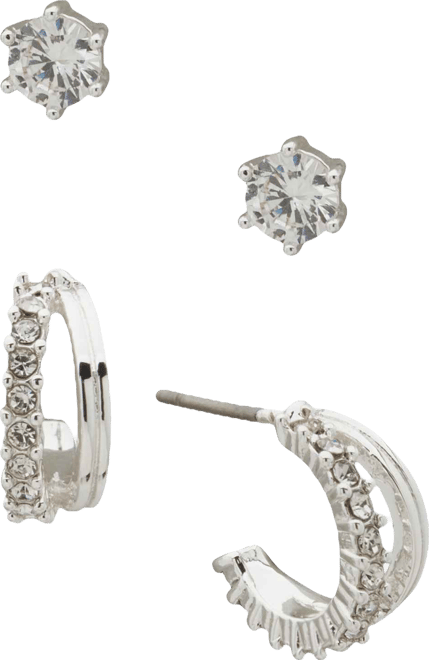 2-Pc. Cubic Zirconia Silver-Tone Round and Baguette Earrings Set