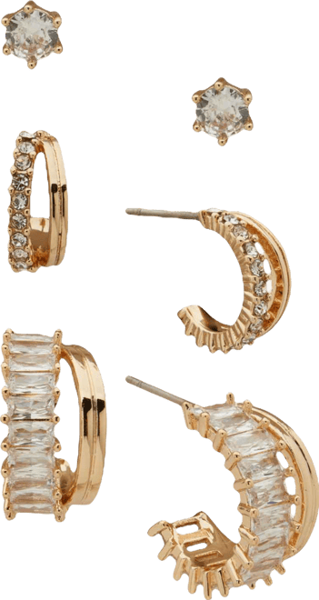 3-Pc. Cubic Zirconia Gold-Tone Round and Baguette Earrings Set