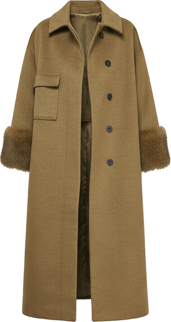 Women's Patch Pocket Faux Fur Cuff Maxi Coat