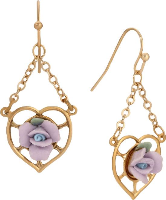 Gold Tone Heart Porcelain Rose Earrings