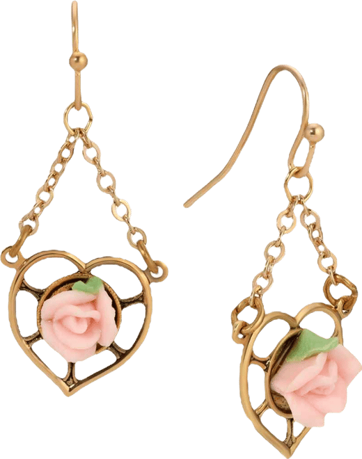 Gold Tone Heart Porcelain Rose Earrings