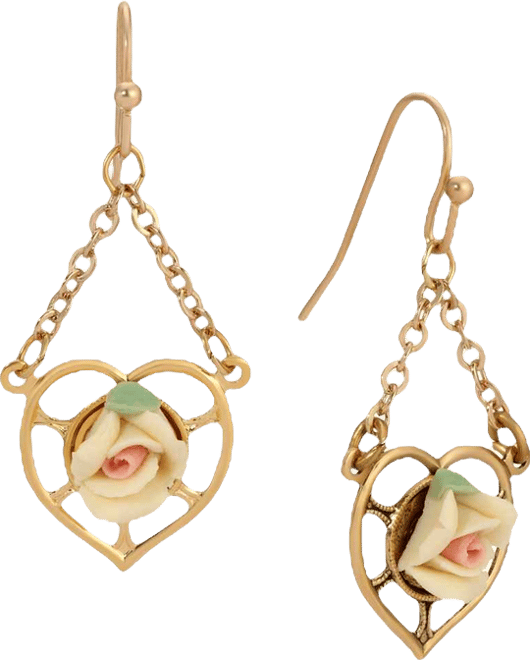 Gold Tone Heart Porcelain Rose Earrings