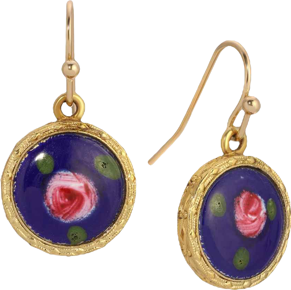Round Blue Pink Flower Enamel Earrings