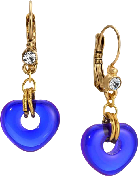 Gold Tone Blue Glass Heart Drop Earrings