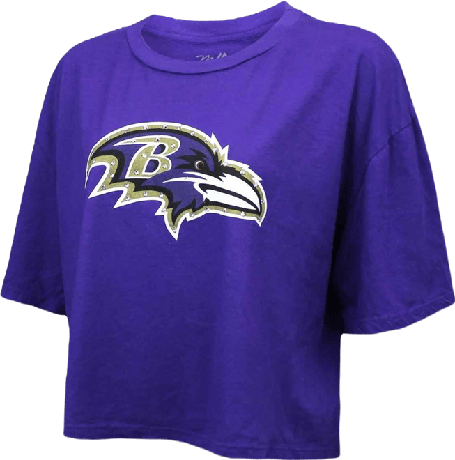Women's Lamar Jackson Purple Baltimore Ravens Swarovski Crystals Boxy Cropped Name Number T-Shirt