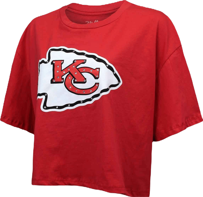 Women's Patrick Mahomes Red Kansas City Chiefs Swarovski Crystals Boxy Cropped Name Number T-Shirt