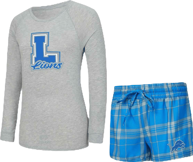 Women's 2-Piece Heather Gray/Blue Detroit Lions Regulate Plaid Long-Sleeve T-Shirt Shorts Sleep Set