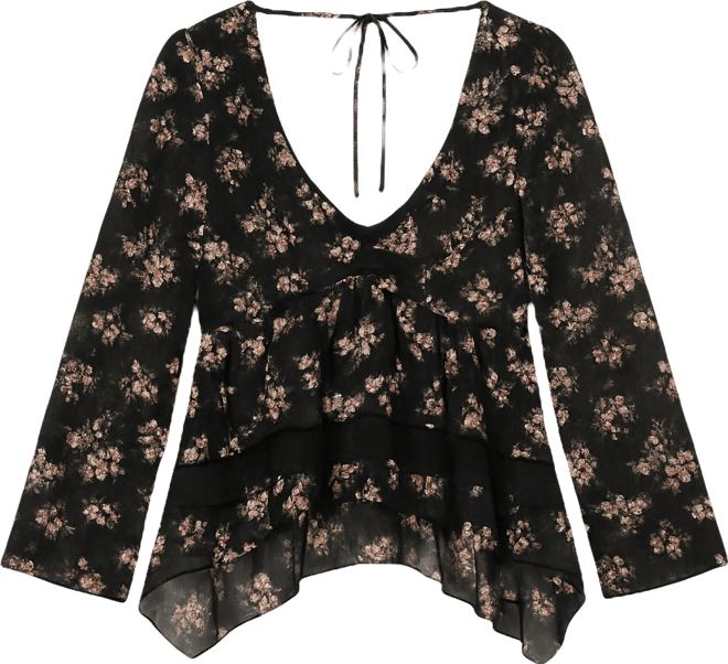 Juniors' Long-Sleeve Hanky-Hem Woven Top