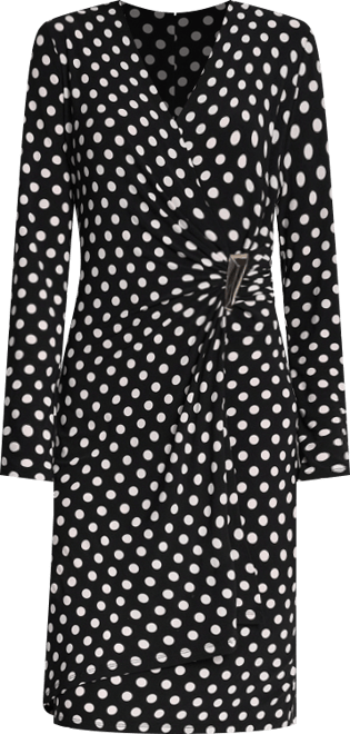 Women's Long Sleeve Faux Wrap Polka Dot Knee Length Dress