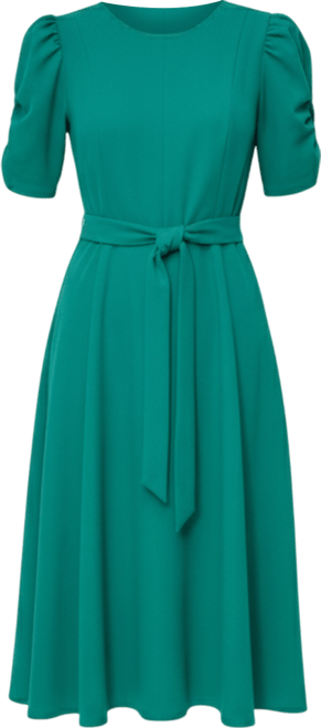 Women's Short Sleeve Scuba Crepe Belted Fit and Flare Midi Dress