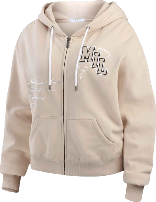 Women's Cream Milwaukee Bucks Plus Size Tonal Felt Patch Full-Zip Hoodie