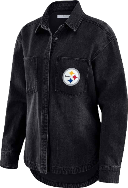 Women's Black Pittsburgh Steelers Washed Oversized Denim Full-Snap Shacket