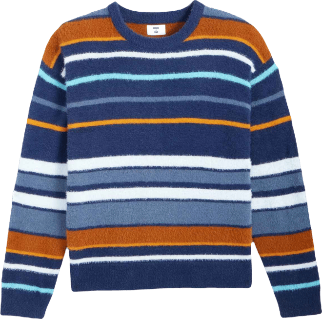 Men's Relaxed Fit Long Sleeve Fuzzy Striped Crewneck Sweater, Macy's Exclusive