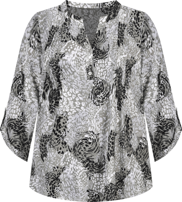 Plus Size 3/4 Roll Tab Sleeve Y-Neck Top