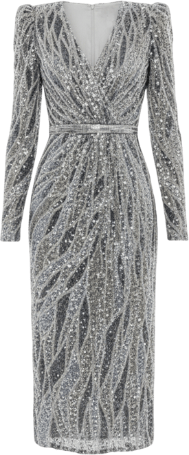 Women's Long Sleeve V Neck Beaded Cocktail Dress
