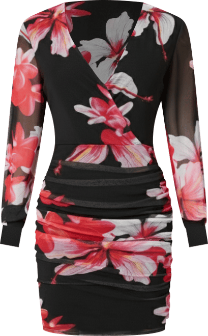 Women's Long Sleeve Faux Wrap Ruched Mini Dress