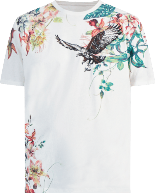 Men's Relaxed Fit Short Sleeve Crewneck Floral Hawk Print T-Shirt