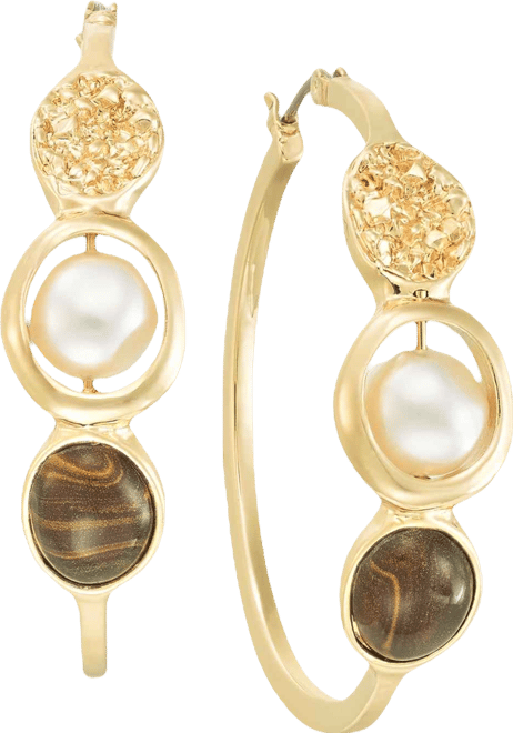 Disc, Stone & Imitation Pearl Medium Hoop Earrings, 1.8", Macy's Exclusive