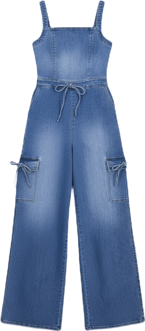 Juniors' Tie-Waist Denim Wide-Leg Jumpsuit