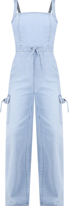 Juniors' Tie-Waist Denim Wide-Leg Jumpsuit