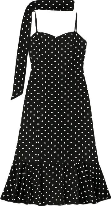 Juniors' Polka Dot Sweetheart Neck Midi Dress with Scarf