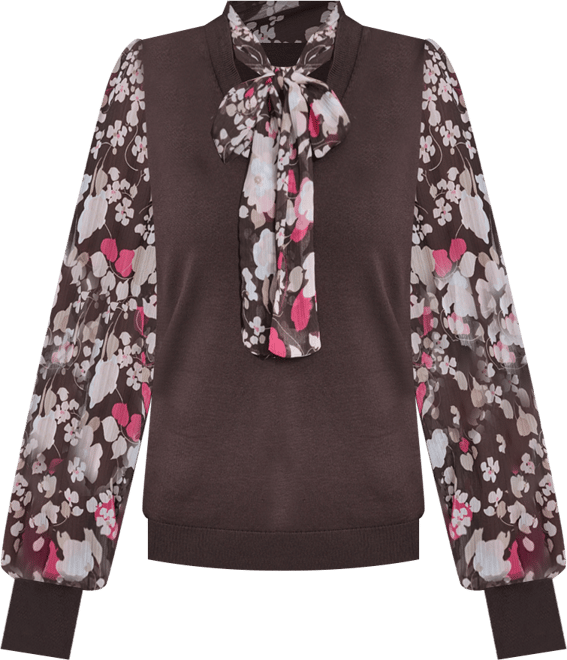 Women's Mixed Media Tie Neck Sweater