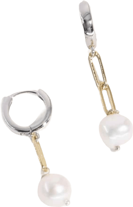 18k Gold Plated Paper Clip Chain and Silver Plated Huggies with Freshwater Pearls