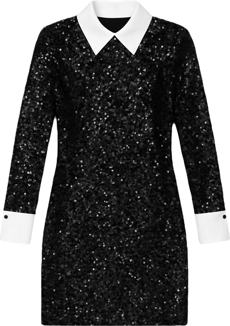 Petite Social Sequin Long-Sleeve Shirt Collar Dress