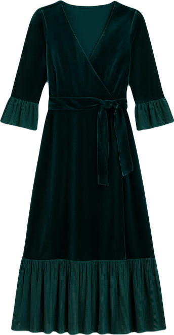 Women's Velvet Wrap V-Neck Midi Dress
