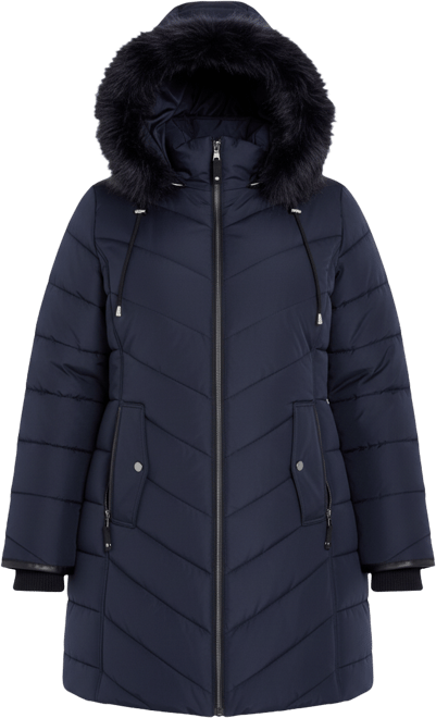 Women's Chevron Long Puffer Coat with Faux Fur Hood
