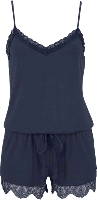 Women's Navy Lace Detail V-Neck Pajama Romper