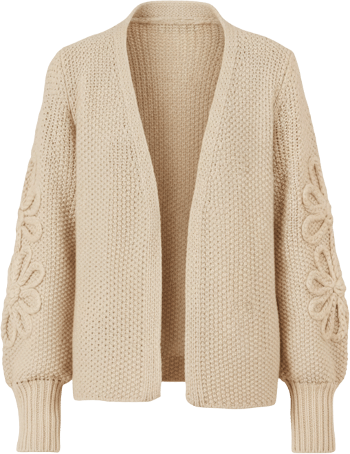 Women's Floral Sleeve Chunky Knit Open Front Long Cardigan Sweater