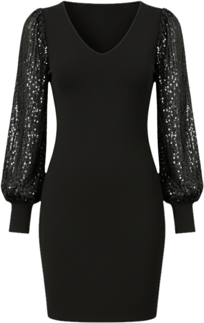 Women's Knitted Fitted Dress With Sequin Sleeves
