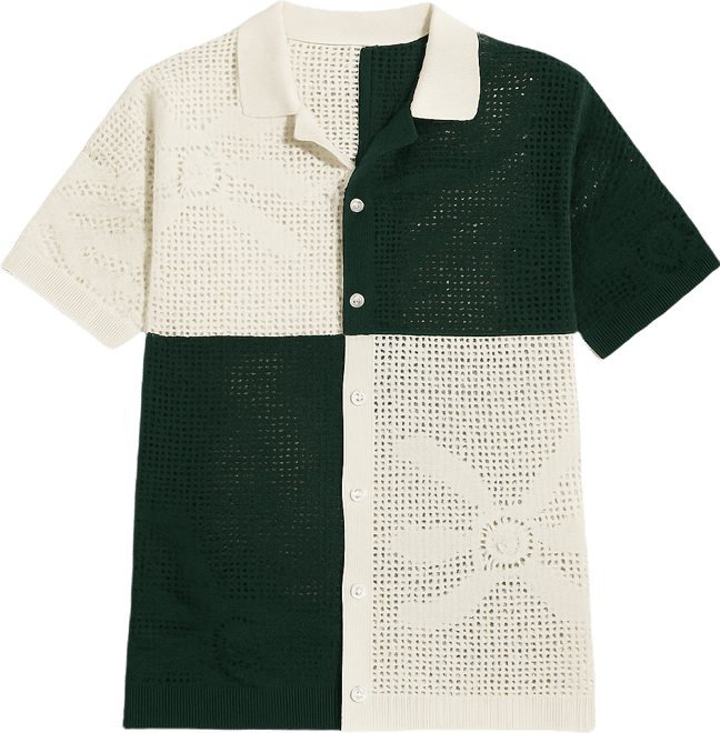 Men's Emerald Green & Cream White Block Open-Knit Polo Shirt