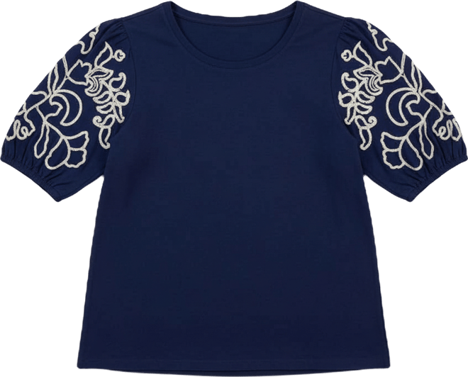 Petite Cotton Embroidered Elbow-Sleeve Top, Macy's Exclusive