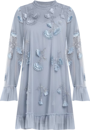 Women's Embellished Long Sleeve Trapeze Dress with Ruffle Hem