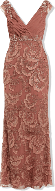 Women's Floral Beaded Chiffon V-Neck Evening Gown