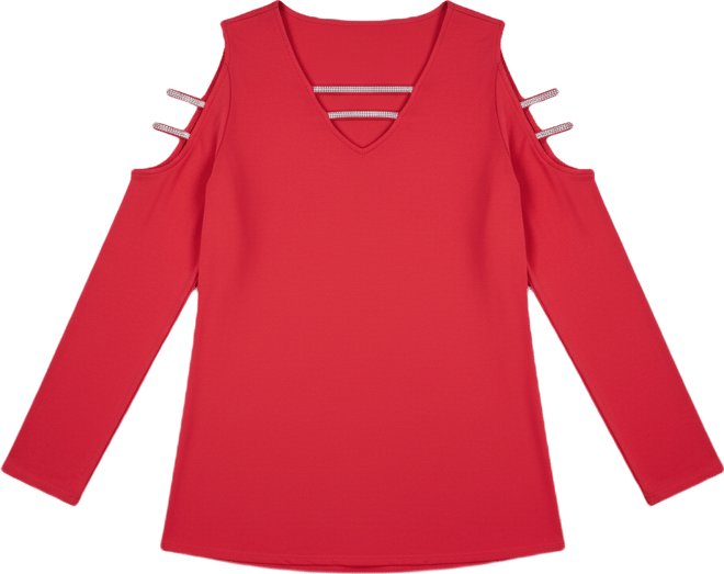 Petite Long Sleeve Knit Crepe Rhinestone Top