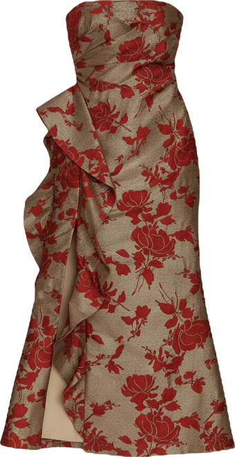 Women's Strapless Floral Gathered Ruffled Gown with Split Hem Dress