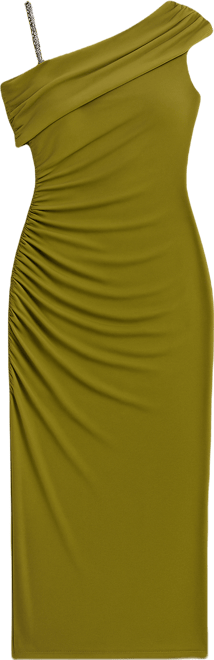 Women's Asymmetrical Drape Beaded Strap Midi Dress