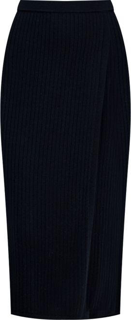 Women's Merino Wool Ribbed Knit Faux-Wrap Midi Skirt