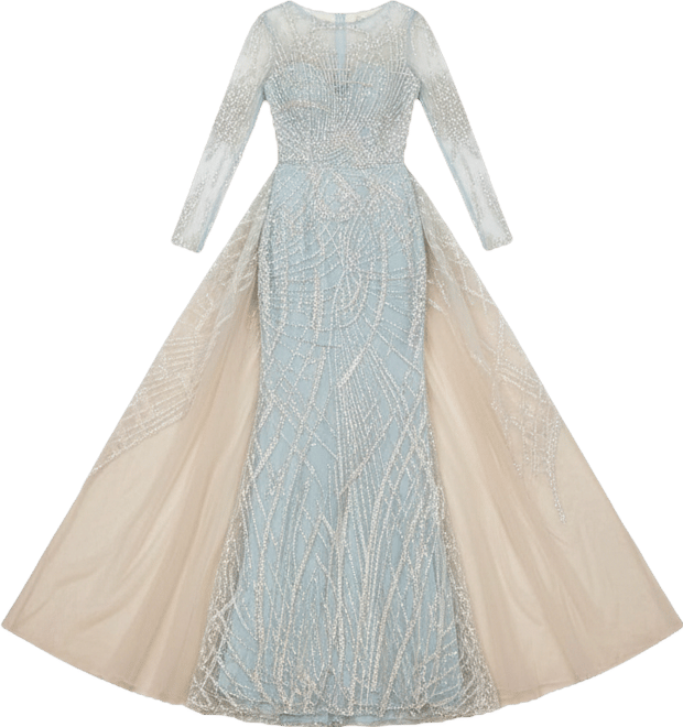 Women's Long Sleeve Lace Gown with Tulle Overskirt